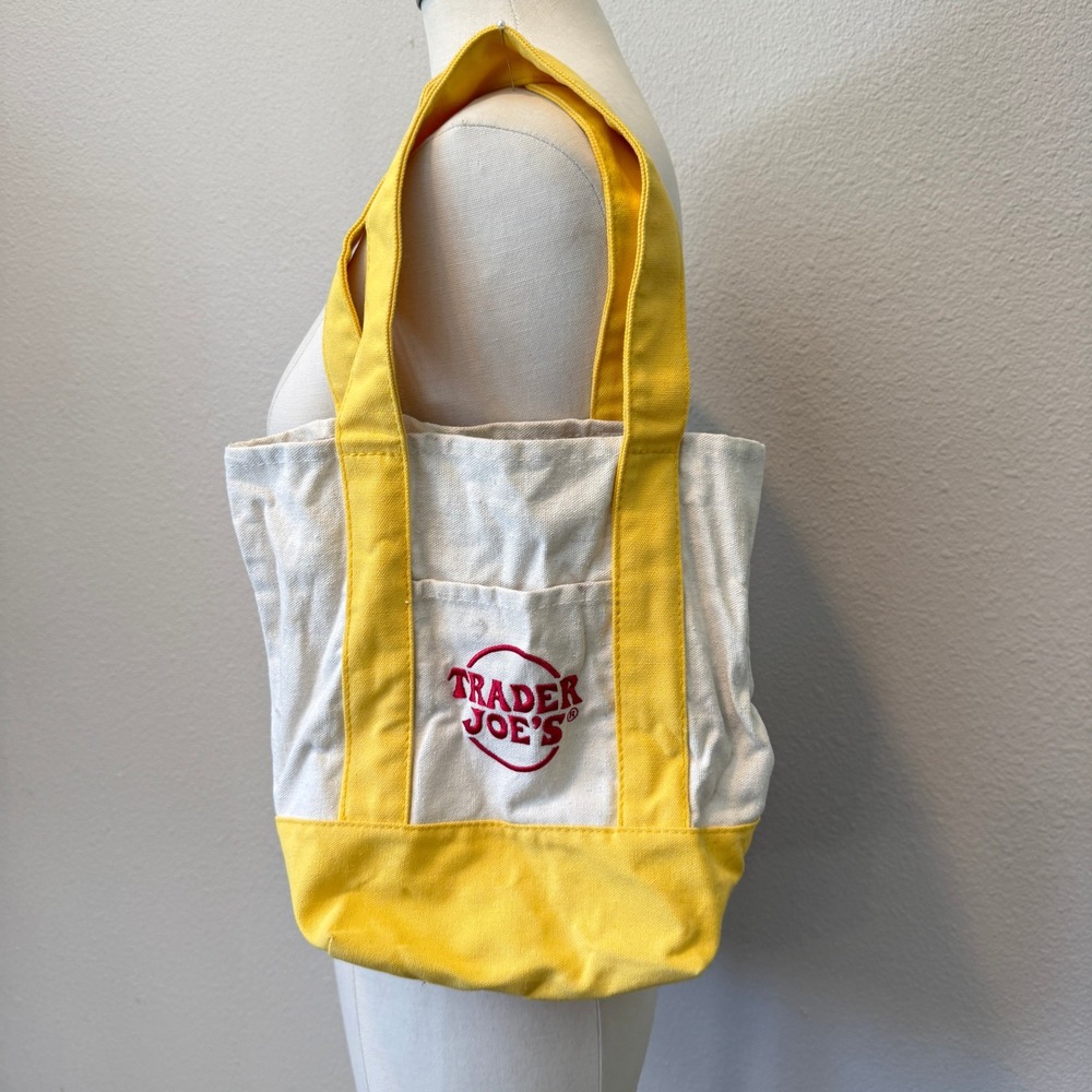 Trader Joe's Mini Canvas Tote Bag Yellow White Embroidered Logo Small Handbag